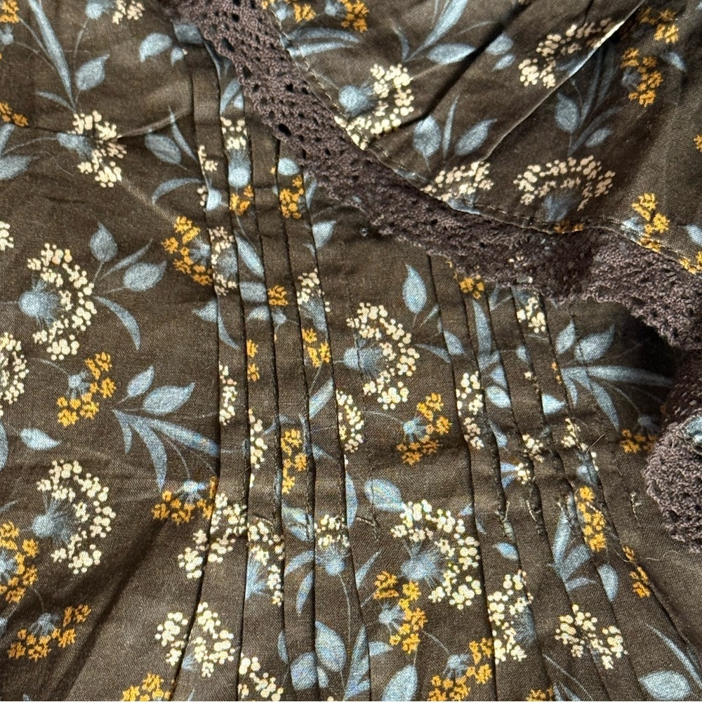 Fate 100% Cotton Floral Ruffle Pintuck‎ Blouse - Earthy Boho Brown S - Picture 5 of 7